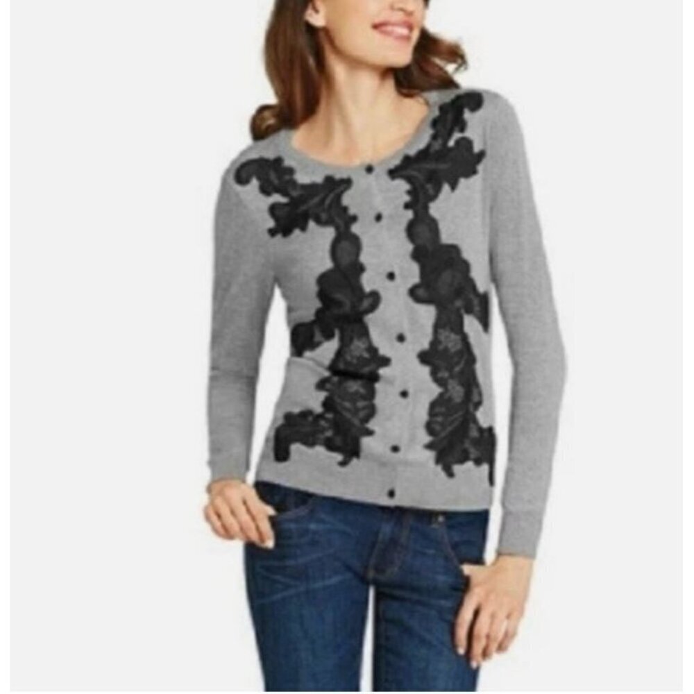 Cabi Cardigan Sweater Womens Medium Gray Lace Applique Button Up Cottagecore